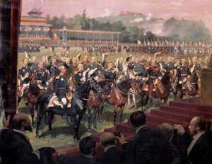Presidentti Jules Grevy jakoi lippuja Longchampissa Leon Gambettan läsnäollessa 14. heinäkuuta tekijältä Jean Baptiste Edouard Detaille