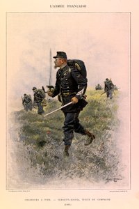 Kapteeni Jules Richardin ranskalaisen armeen tyypit ja univormut, kuvittanut Edouard Detaille (1848-1912): Jalkametsästäjät: Kersanttimajuri kenttäpuvussa vuonna 1885, yksityinen kokoelma tekijältä Jean Baptiste Edouard Detaille