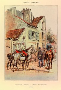 Kapteeni Jules Richardin ranskalaisen armeijan tyypit ja univormut, kuvittanut Edouard Detaille (1848-1912): Hunters a Horseback; Kenttäpalvelu vuonna 1886, yksityinen kokoelma tekijältä Jean Baptiste Edouard Detaille