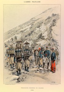 Kapteeni Jules Richardin ranskalaisen armeijan tyypit ja univormut, kuvittanut Edouard Detaille (1848-1912): Indigenes Tirailleurs in Column in 1886, Private Collection tekijältä Jean Baptiste Edouard Detaille