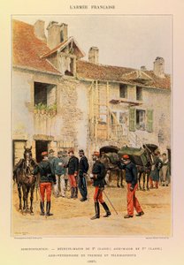 Kapteeni Jules Richardin ranskalaisen armeijan tyypit ja univormut, kuvittanut Edouard Detaille (1848-1912): Hallinto: Lääketieteellinen pääaine 2, luokka; Aide Major of 1, ere Class; Veterinary Aide First ja lennätin vuonna 1887, yksityinen kokoelma tekijältä Jean Baptiste Edouard Detaille