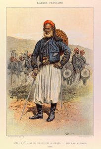 Kapteeni Jules Richardin Ranskan armeijan tyypit ja univormut, kuvittanut Edouard Detaille (1848-1912): Algerian Tuniorsin upseeri kenttäpuvussa vuonna 1886, yksityiskokoelma. tekijältä Jean Baptiste Edouard Detaille