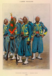 Kapteeni Jules Richardin ranskalaisen armeijan tyypit ja univormut, kuvittanut Edouard Detaille (1848-1912): Native Tirailleurs in Great Outfit in 1886, Private Collection tekijältä Jean Baptiste Edouard Detaille