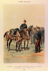 Kapteeni Jules Richardin ranskalaisen armeijan tyypit ja univormut, kuvittanut Edouard Detaille (1848-1912): Tykistö: Pattereiden aliupseerit hevosilla ja pattereiden ampujat jalkaisin suurissa asuissa vuonna 1886, Yksityinen kokoelma tekijältä Jean Baptiste Edouard Detaille