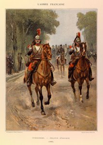 Kapteeni Jules Richardin ranskalaisen armeijan tyypit ja univormut, kuvittanut Edouard Detaille (1848-1912): Cuirassiers: Escort-joukkue vuonna 1885, yksityinen kokoelma tekijältä Jean Baptiste Edouard Detaille