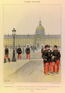 Kapteeni Jules Richardin ranskalaisen armeijan tyypit ja univormut, kuvittanut Edouard Detaille (1848-1912): Hallinto: ratsumies, sotilasvirkailija ja hallintotyöntekijät, henkilöstösihteerit, sotilashoitajat vuonna 1887, yksityinen kokoelma tekijältä Jean Baptiste Edouard Detaille