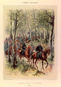 Kapteeni Jules Richardin ranskalaisen armeijan tyypit ja univormut, kuvittanut Edouard Detaille (1848-1912): Metsästäjät hevosen liikkeessä vuonna 1885, yksityinen kokoelma tekijältä Jean Baptiste Edouard Detaille