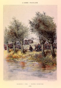 Kapteeni Jules Richardin ranskalaisen armeijan tyypit ja univormut, kuvittanut Edouard Detaille (1848-1912): Metsästäjät jalkaisin; suuret liikkeet vuonna 1885, Private Collection tekijältä Jean Baptiste Edouard Detaille