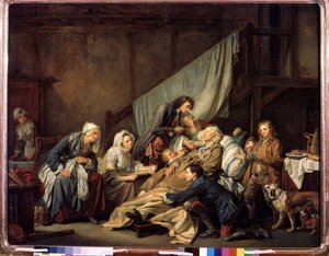 ""Lapsen jumalanpalvelus tai hänen lastensa pelastama halvaantunut"" (Filial Piety (The Paralytic)) Jean Baptiste Greuzen (1725-1805) maalaus 1763 Mitat 115x146 cm Eremitaaši, Pietari tekijältä Jean Baptiste Greuze