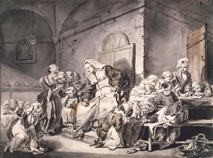 Kouluopettaja par Greuze, Jean-Baptiste (1725-1805). Kynä, sivellin, väri harmaa ja ruskea, akvarelli paperille, koko: 27,8x33,8, n. 1764-1765, Valtion Eremitaaši, Pietari tekijältä Jean Baptiste Greuze