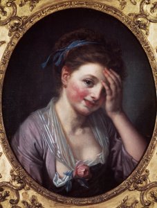 Tytöllä on ruusu Jean Baptiste Greuzen (1725-1805) maalaus 1700-luvulta. Pariisi, Musee Cognacq Jay. tekijältä Jean Baptiste Greuze