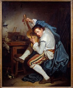 Kitaristi tai lintu, joka palattuaan metsästyksestä myöntää kitaralleen Jean Baptiste Greuzen (1725-1805) maalaus 1700-luvun aurinko. 0,71x0,57 m Nantes, Musee des Beaux Arts tekijältä Jean Baptiste Greuze