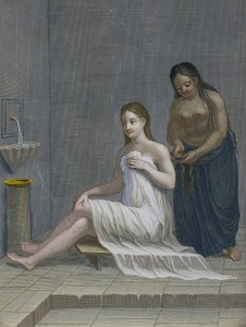 Turkkilainen tyttö, jonka hiukset on punottu kylvyssä, 1700-luku tekijältä Jean-Baptiste Haussard