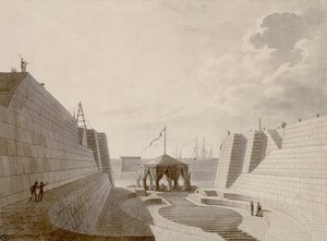 Kuivatelakka Cherbourgissa, heinäkuu 1813 (kynä, muste ja wc paperilla) tekijältä Jean Baptiste Isabey