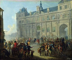 Jacques de Flessellesin salamurha kaupungintalon portailla 14. heinäkuuta 1789 tekijältä Jean Baptiste Lallemand