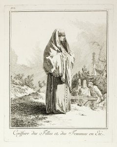 Päähine tytöille ja naisille kesällä, lautanen kolme Divers Habillements des Peuples du Nordilta tekijältä Jean Baptiste Le Prince
