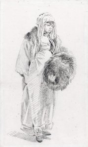 Venäläinen nainen turkismuhvilla par Le Prince, Jean-Baptiste (1734-1781), Vuosina 1758-1761 - Musta liitu paperille, 22,9x13,8 - Yksityiskokoelma