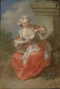 Nuori tyttö jahtaa kirppuja, n. 1750 (öljy kankaalle) tekijältä Jean Baptiste Lebel