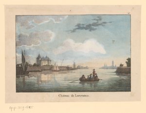 Näkymä Loevesteinin linnalle Waalilta Chateau de Loevestein (otsikko esineessä) Matka Alankomaiden Yhdistyneen kuningaskunnan läpi (sarjan nimi) Voyage pittoresque dans le royaume des Pays Bas (...) (sarjan nimi) tekijältä Jean Baptiste Madou (possibly)