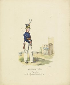 Sveitsin rykmentin adjutantti, 1820-1825 Sveitsin rykmentin hollantilainen armee-adjutantti nro. 29 (otsikko esineessä) Alankomaiden kuningaskunnan sotilasasut. Omistettu Hänen ylhäisyydelleen Willem van Bylandtille (sarjan nimi esineellä
