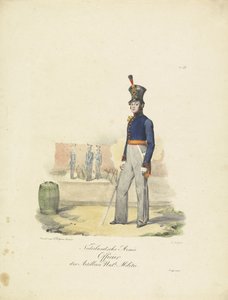 Tykistön upseeri, 1820-1825 Nederlandsche Armée Officier der Artillerie Nat.le Militie (otsikko esineessä) Alankomaiden kuningaskunnan sotilasasut. Omistettu Hänen ylhäisyydelleen Willem van Bylandtille (esineessä sarjan nimi)