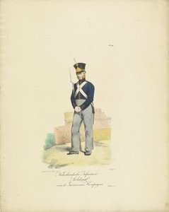 Soldier Garrison Company, 1820-1825 Varuskuntakomppanian hollantilainen jalkaväkisotilas (nimi esineessä) Alankomaiden kuningaskunnan sotilasasut. Omistettu Hänen ylhäisyydelleen Willem van Bylandtille (sarjan nimi esineellä)