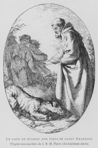 Gubbion susi Pyhän Franciscus Assisilaisen jaloissa (litho) tekijältä Jean Baptiste Marie (after) Pierre