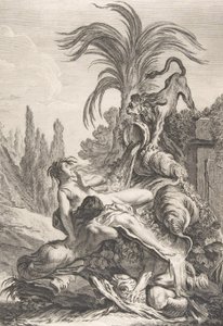The Frightened Naiad Epäsiistynyt Naiad perääntyy peloissaan nähdessään leijonan, n. 1740., tekijältä Jean Baptiste Marie Pierre