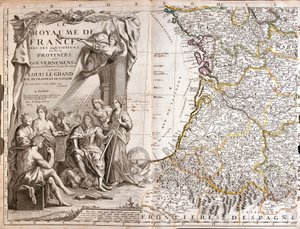 Guyennen ja Gasconyn kartta, jossa Ludvig XIV:n (1638-1715) muotokuva allegoristen hahmojen ympäröimänä tekijältä Jean Baptiste Nolin