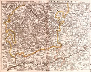Espanjan Brabantin (Flanderin ja Vallonian Brabantin) ja Liegen (Belgia) hiippakunnan kartta (kaiverrus tekijältä Jean Baptiste Nolin