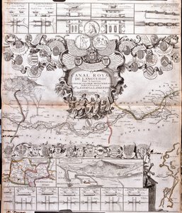Canal du Midi kartta ja sen akveduktit (kaiverrus tekijältä Jean Baptiste Nolin