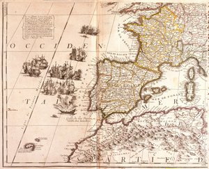 Läntisen Välimeren maiden kartta: Ranska, Espanja, Portugali ja Pohjois-Afrikka (Marokko, Algeria, Tunisia), Baleaarit, Korsika ja Sardinia (etsaus).