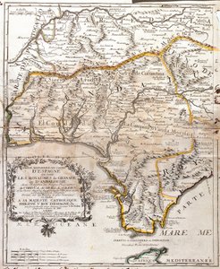 Granadan ja Andalusian valtakuntien kartta (Espanja) (kaiverrus tekijältä Jean Baptiste Nolin