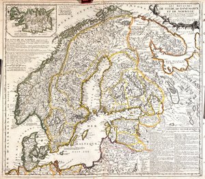 Norjan, Ruotsin ja Tanskan kuningaskuntien kartta (kaiverrus tekijältä Jean Baptiste Nolin