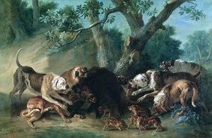 Villi emakko ja hänen poikansa koirien kimppuun tekijältä Jean Baptiste Oudry