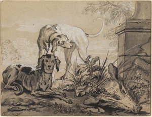 Metsästyksen jälkeen: kaksi koiraa villisian pään vieressä tekijältä Jean Baptiste Oudry
