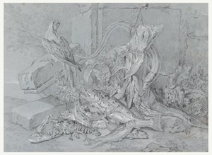 Piirros, asetelma, jossa on kala ja papukaija, 1740 tekijältä Jean Baptiste Oudry
