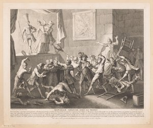 Taistele teatterissa Bataille arrivée dans le tripot (otsikko esineessä) Kohtauksia Scarronin Roman Comiquesta (sarjan nimi) tekijältä Jean Baptiste Oudry