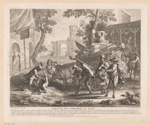 Yritys saapuu majataloon Arrivée des comediens au Mans (otsikko esineessä) Kohtauksia Scarronin Roman Comiquesta (sarjan nimi) tekijältä Jean Baptiste Oudry