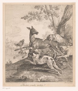 Metsästyskoirien kimppuun hyökännyt hirvi Arrêtés, cruels, arrêtez (...) (otsikko esineessä) Metsästyskohtaukset (sarjan nimi) tekijältä Jean Baptiste Oudry