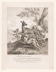 Metsästyskoirien kimppuun hyökännyt hirvi Arrêtés, cruels, arrêtez (...) (otsikko esineessä) Metsästyskohtaukset (sarjan nimi) tekijältä Jean Baptiste Oudry