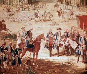 Ludvig XV:n metsästys Kuningas Ludvig XV metsästää Compiegnen metsässä (Louis XV:n metsästys - Tapestry) lauman alku Yksityiskohta - Jean Baptiste Oudryn (1686-1755) kuvakudos tekijältä Jean Baptiste Oudry
