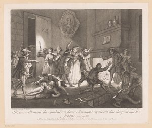 Sisustus met groep vechtende mensen Taistelun uusiminen, jossa kaksi palvelijaa saa iskuja pakaraan (nimi esineessä) Kohtauksia Roman Comique van Scarronista (sarjan nimi) tekijältä Jean Baptiste Oudry