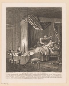 Ihminen säikähtää hereillä, kun kammion kattila tyhjennetään hänen yllään Lavanture du pot de chambre (otsikko esineessä) Kohtauksia Scarronin Roman Comiquesta (sarjan nimi) tekijältä Jean Baptiste Oudry