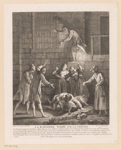 Man valt bovenop een geit La Rapinière putoaa vuohen päälle (otsikko esineessä) Kohtauksia Roman Comique van Scarronista (sarjan nimi) tekijältä Jean Baptiste Oudry