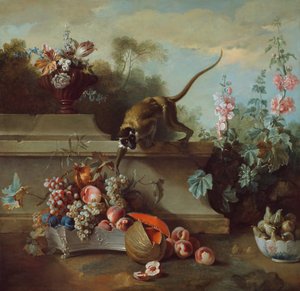 Asetelma apinoiden, hedelmien ja kukkien kanssa, 1724. tekijältä Jean Baptiste Oudry