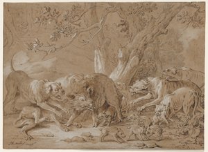 Villi emakko ja hänen poikansa koirien kimppuun, 1748. tekijältä Jean Baptiste Oudry