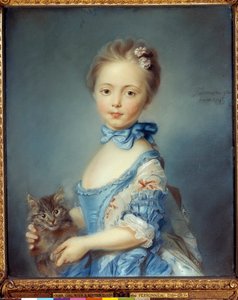 Muotokuva nuoresta tytöstä kissan kanssa Jean-Baptiste Perroneaun pastellivärinen maalaus (Jean Baptiste Perronneau) (1715-1783)