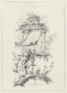 Koristeellinen sävellys chinoiserie-tyyliin Chinoiserie-tyylisiä koristekuvioita Deuxième Cahier de six Baraques Chinoisesille (sarjan nimi) tekijältä Jean Baptiste Pillement