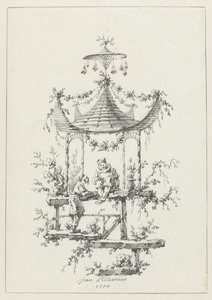 Koristeellinen sävellys chinoiserie-tyyliin Chinoiserie-tyylisiä koristekuvioita Deuxième Cahier de six Baraques Chinoisesille (sarjan nimi) tekijältä Jean Baptiste Pillement